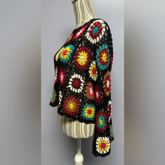 Wild Honey oversized bell sleeve Multicolor Crochet Knit cropped Sweater S - Picture 4 of 14